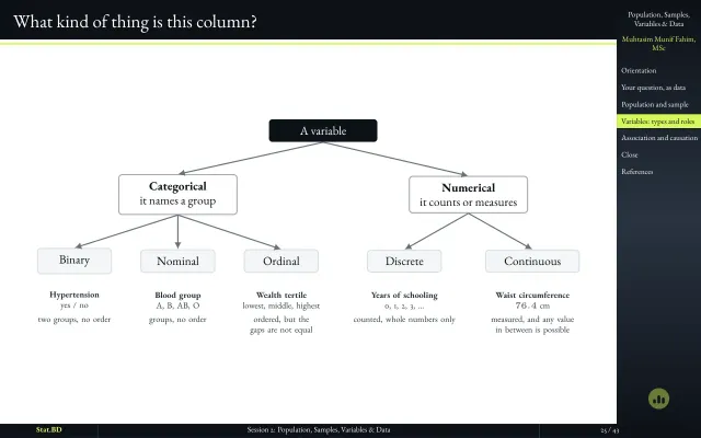 Slide "What kind of thing is this column?": a tree splitting variables into categorical and numerical types with clinical examples.